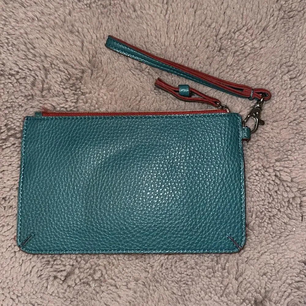 Beautiful Pebbled Faux Leather Wristlet Turquoise with Raspberry Accents